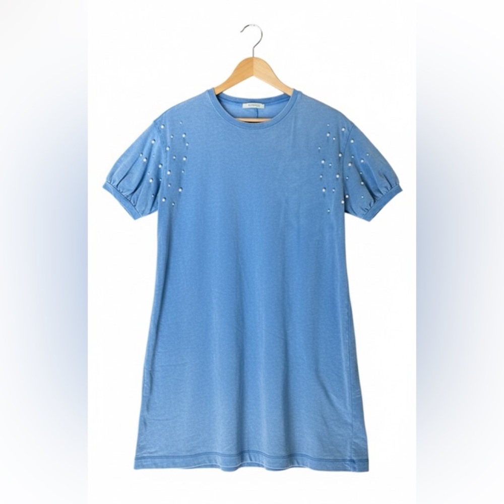 Zara Trafaluc Denim Blue Lightweight Knit Mini Dress Embellished Sleeves